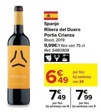 Promoties Spanje ribera del duero portia crianza rood, 2019 - Rode wijnen - Geldig van 14/09/2022 tot 03/10/2022 bij Carrefour