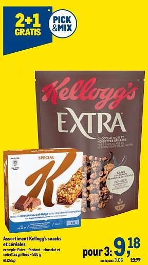 Promotions Kellogg`s extra - fondant - chocolat et noisettes grillées - Kellogg's - Valide de 21/09/2022 à 04/10/2022 chez Makro