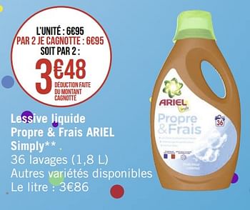 Promotions Lessive liquide propre + frais ariel simply - Ariel - Valide de 19/09/2022 à 02/10/2022 chez Géant Casino