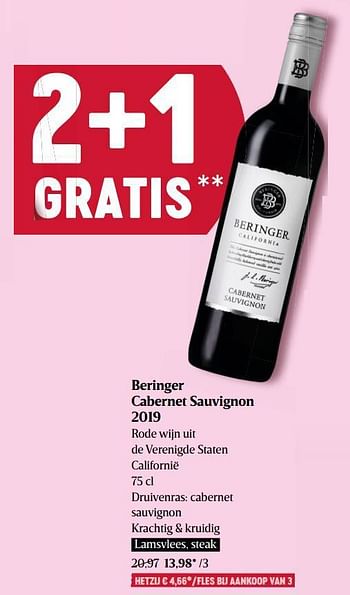 Promoties Beringer cabernet sauvignon 2019 rode wijn uit de verenigde staten californië - Rode wijnen - Geldig van 22/09/2022 tot 28/09/2022 bij Delhaize