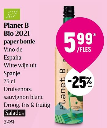 Promoties Planet b bio 2021 paper bottle vino de españa witte wijn uit spanje - Witte wijnen - Geldig van 22/09/2022 tot 28/09/2022 bij Delhaize