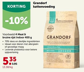 Promoties Grandorf kattenvoeding 4 meat + bruine rijst indoor - Grandorf - Geldig van 26/09/2022 tot 08/10/2022 bij Aveve