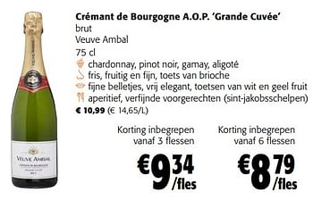 Promotions Crémant de bourgogne a.o.p. grande cuvée brut veuve ambal - Mousseux - Valide de 21/09/2022 à 04/10/2022 chez Colruyt
