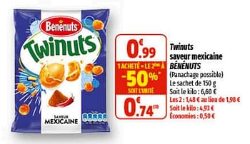 Promotions Twinuts saveur mexicaine bénénuts - Benenuts - Valide de 21/09/2022 à 02/10/2022 chez Coccinelle