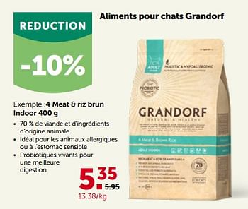 Promotions Aliments pour chats grandorf 4 meat + riz brun indoor - Grandorf - Valide de 26/09/2022 à 08/10/2022 chez Aveve