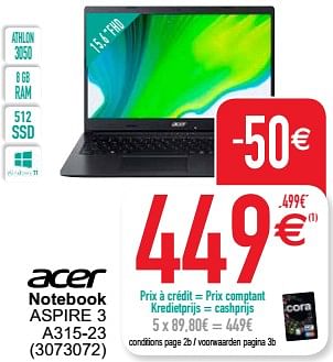 Promoties Acer notebook aspire 3 a315-23 - Acer - Geldig van 27/09/2022 tot 10/10/2022 bij Cora