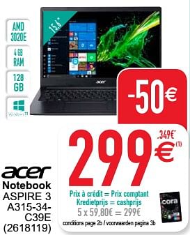Promoties Acer notebook aspire 3 a315-34- c39e - Acer - Geldig van 27/09/2022 tot 10/10/2022 bij Cora