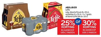 Promotions Abdijbier leffe 25% korting bij aankoop van 2 pakken of 30% korting bij aankoop van 3 pakken - Leffe - Valide de 05/10/2022 à 18/10/2022 chez Alvo