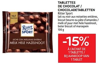 Promoties Tablettes de chocolat ritter sport -15% à l’achat de 1 tablette - Ritter Sport - Geldig van 05/10/2022 tot 18/10/2022 bij Alvo