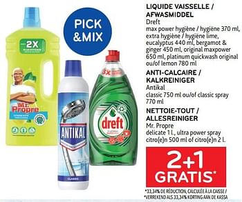 Promotions Liquide vaisselle dreft + anti-calcaire antikal + nettoie-tout mr. propre 2+1 gratis - Produit maison - Alvo - Valide de 05/10/2022 à 18/10/2022 chez Alvo