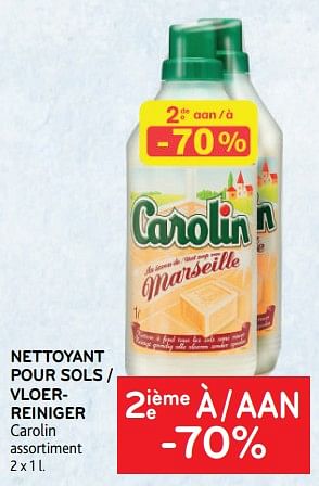 Promotions Nettoyant pour sols carolin 2ième à -70% - Carolin - Valide de 05/10/2022 à 18/10/2022 chez Alvo