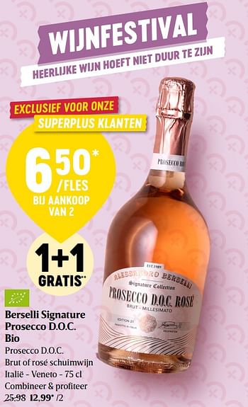 Promoties Berselli signature prosecco d.o.c. bio prosecco d.o.c. brut of rosé schuimwijn italië - veneto - Schuimwijnen - Geldig van 29/09/2022 tot 05/10/2022 bij Delhaize