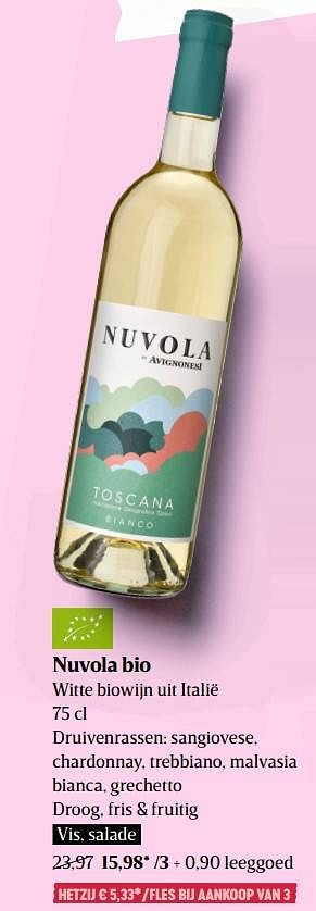 Promoties Nuvola bio witte biowijn uit italië - Witte wijnen - Geldig van 29/09/2022 tot 05/10/2022 bij Delhaize