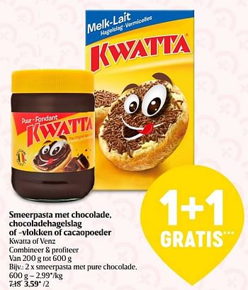 Promoties Smeerpasta met pure chocolade - Kwatta - Geldig van 29/09/2022 tot 05/10/2022 bij Delhaize