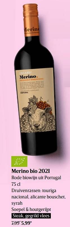 Promoties Merino bio 2021 rode biowijn uit portugal - Rode wijnen - Geldig van 29/09/2022 tot 05/10/2022 bij Delhaize