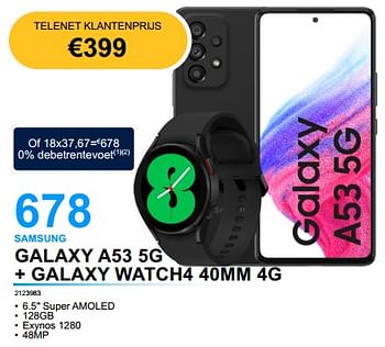 Promoties Samsung galaxy a53 5g + galaxy watch4 40mm 4g - Samsung - Geldig van 06/09/2022 tot 04/10/2022 bij Auva