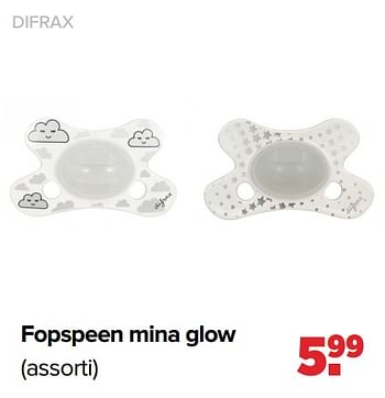 Promoties Fopspeen mina glow - Difrax - Geldig van 26/09/2022 tot 22/10/2022 bij Baby-Dump