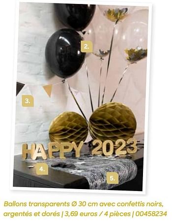 Promotions Ballons transparents avec confettis noirs, argentés et dorés - Produit Maison - Ava - Valide de 01/10/2022 à 31/12/2022 chez Ava