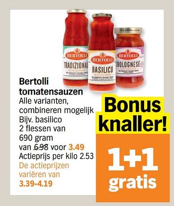 Promotions Bertolli tomatensauzen basilico - Bertolli - Valide de 03/10/2022 à 09/10/2022 chez Albert Heijn