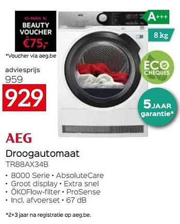 Promoties Aeg droogautomaat tr88ax34b - AEG - Geldig van 01/10/2022 tot 31/10/2022 bij Selexion