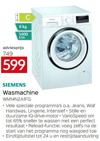 Promoties Siemens wasmachine wm14n2a1fg - Siemens - Geldig van 01/10/2022 tot 31/10/2022 bij Selexion