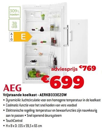 Promoties Aeg vrijstaande koelkast - aerkb333e2dw - AEG - Geldig van 30/09/2022 tot 31/10/2022 bij Exellent