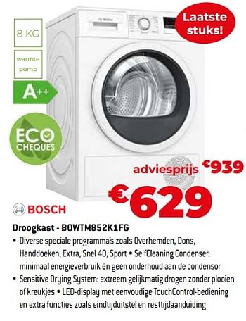 Promoties Bosch droogkast - bowtm852k1fg - Bosch - Geldig van 30/09/2022 tot 31/10/2022 bij Exellent