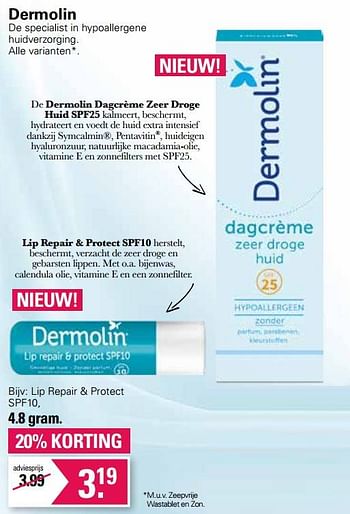 Promoties Lip repair + protect spf10 - Dermolin - Geldig van 21/09/2022 tot 09/10/2022 bij De Online Drogist