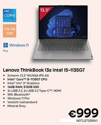 Promoties Lenovo thinkbook 13s intel i5-1135g7 - Lenovo - Geldig van 01/10/2022 tot 31/10/2022 bij Compudeals