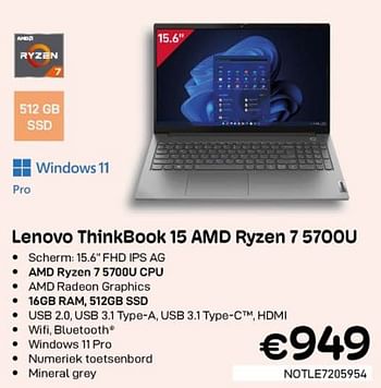 Promoties Lenovo thinkbook 15 amd ryzen 7 5700u - Lenovo - Geldig van 01/10/2022 tot 31/10/2022 bij Compudeals