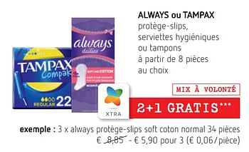 Promotions Always protège-slips soft coton normal - Always - Valide de 06/10/2022 à 19/10/2022 chez Spar (Colruytgroup)