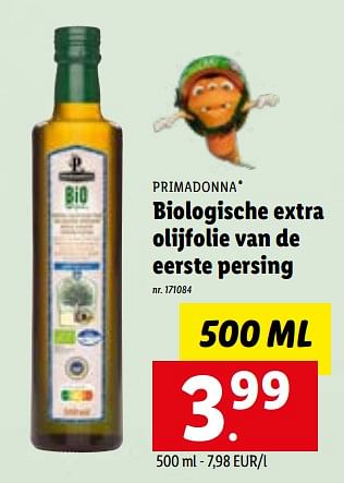 Promoties Biologische extra olijfolie van de eerste persing - Primadonna - Geldig van 17/10/2022 tot 22/10/2022 bij Lidl