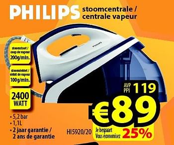 Promotions Philips stoomcentrale - centrale vapeur hi5920-20 - Philips - Valide de 12/10/2022 à 19/10/2022 chez ElectroStock