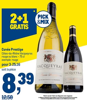 Promoties Cuvée prestige côtes-du-rhône vacqueyras rouge - Rode wijnen - Geldig van 19/10/2022 tot 01/11/2022 bij Makro