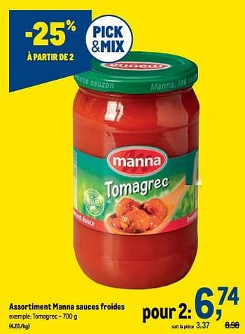Promotions Manna sauces froides tomagrec - Manna - Valide de 19/10/2022 à 01/11/2022 chez Makro