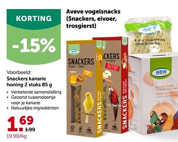 Promoties Aveve snackers kanarie honing - Huismerk - Aveve - Geldig van 17/10/2022 tot 29/10/2022 bij Aveve