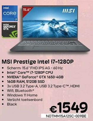 Promoties Msi prestige intel i7-1280p - MSI - Geldig van 01/10/2022 tot 31/10/2022 bij Compudeals