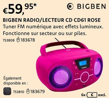 Promotions Bigben radio-lecteur cd cd61 rose - BIGben - Valide de 20/10/2022 à 06/12/2022 chez Dreamland