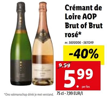 Promoties Crémant de loire aop brut of brut rosé - Schuimwijnen - Geldig van 24/10/2022 tot 29/10/2022 bij Lidl