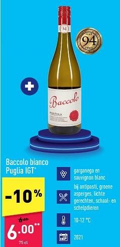 Promoties Baccolo bianco puglia igt - Witte wijnen - Geldig van 24/10/2022 tot 04/11/2022 bij Aldi