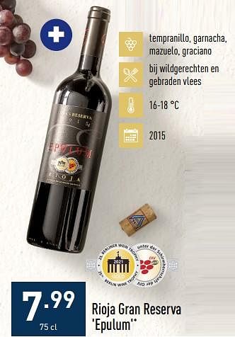 Promoties Rioja gran reserva epulum - Rode wijnen - Geldig van 24/10/2022 tot 04/11/2022 bij Aldi