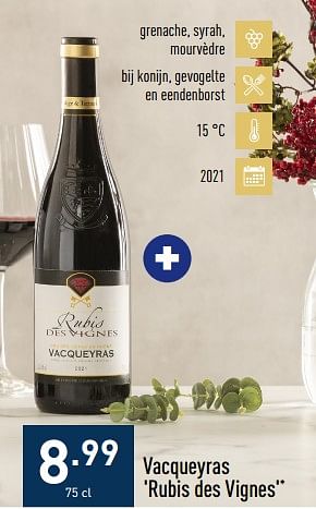 Promoties Vacqueyras rubis des vignes - Rode wijnen - Geldig van 24/10/2022 tot 04/11/2022 bij Aldi