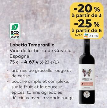 Promotions Lobetia tempranillo vino de la tierra de castilla espagne - Vins rouges - Valide de 12/10/2022 à 08/11/2022 chez Bioplanet