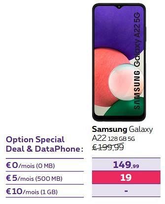 Promotions Samsung galaxy a22 128 gb 5g - Samsung - Valide de 03/10/2022 à 01/11/2022 chez Proximus