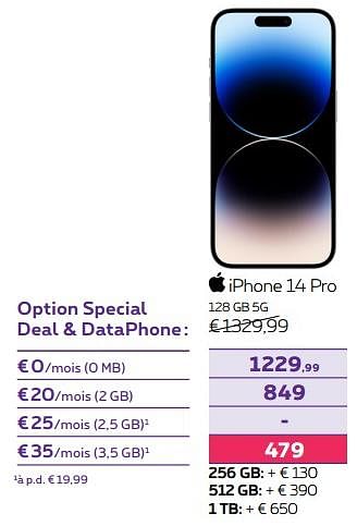 Promotions Apple iphone 14 pro 128 gb 5g - Apple - Valide de 03/10/2022 à 01/11/2022 chez Proximus