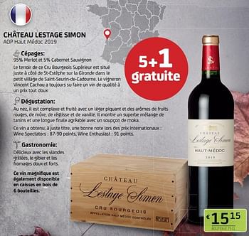 Promotions Château lestage simon aop haut médoc 2019 - Vins rouges - Valide de 28/10/2022 à 10/11/2022 chez BelBev