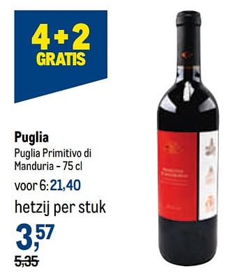 Promoties Puglia puglia primitivo di manduria - Rode wijnen - Geldig van 02/11/2022 tot 15/11/2022 bij Makro