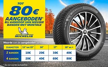 Promotions Tot 80€ aangeboden bij aankoop van nieuwe banden met montage - Michelin - Valide de 24/10/2022 à 15/11/2022 chez Auto 5