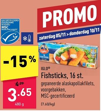 Promoties Fishsticks - Iglo - Geldig van 31/10/2022 tot 11/11/2022 bij Aldi