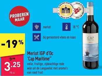 Promoties Merlot igp d`oc cap maritime - Rode wijnen - Geldig van 31/10/2022 tot 11/11/2022 bij Aldi